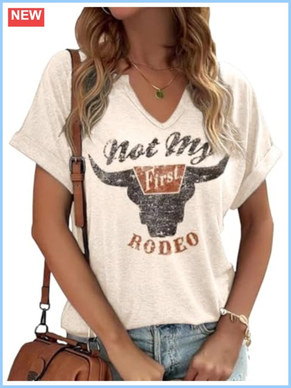 Women's Western Cowboy Steer Skull V-Neck Graphic Tee Loose Fit
